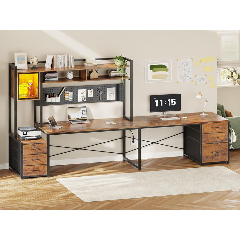  Hagin 67'' W L Shaped Desk, Computer Desk with File Drawer, Brown/Black