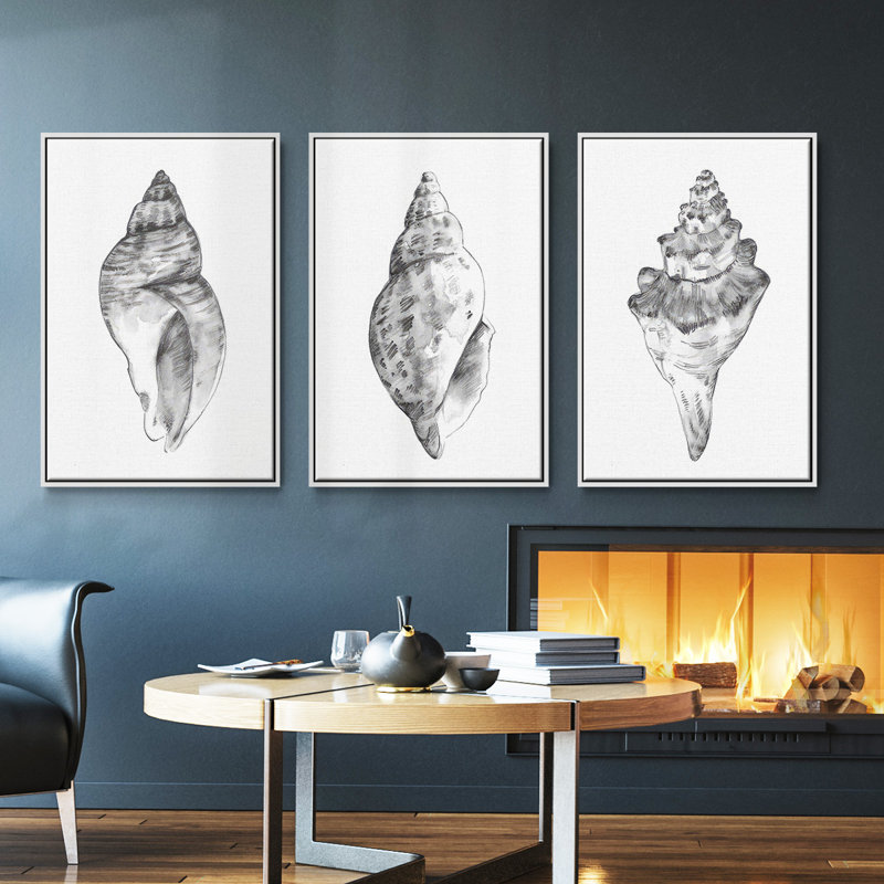 Ensemble de 3 pièces encadrées sur toile Quiet Conch I, Blanc, H 27 po x l 54 po