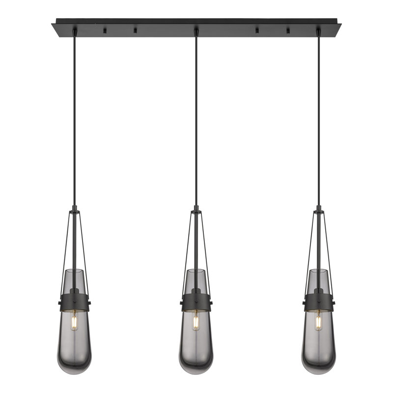 Luminaire suspendu pour îlot de cuisine 3 lumières Ranson, Noir mat, Gris fumée clair