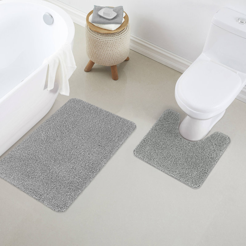 2 Piece Alya Small Bath Mat Ultra Soft Bathroom Rug Anti Slip Toilet Rug Pedestal Mat Set, Grey, 80cm L x 50cm W