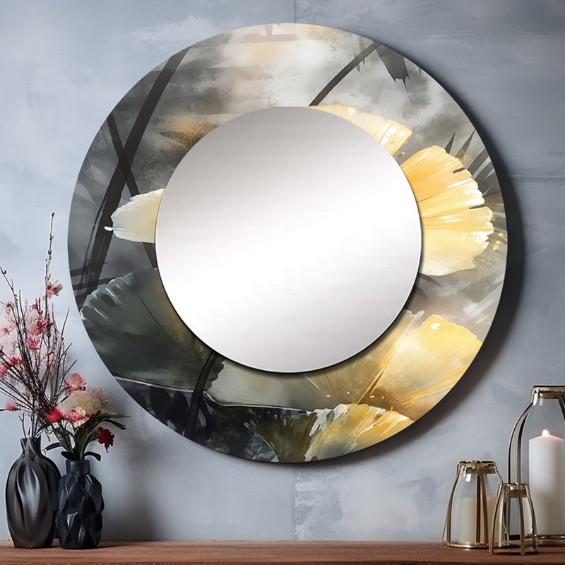 Grochow Artwork Of Tropical Pal Gingko - Leaves Mirror, Yellow Round Decorative Wall Mirror, Printed Metal Art, 36" x 36"