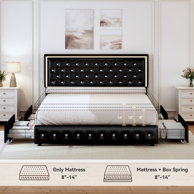 LED Bed Frame with 4 Storage Drawers, Adjustable Height Upholstered Headboard Beds, Full, Noir pure