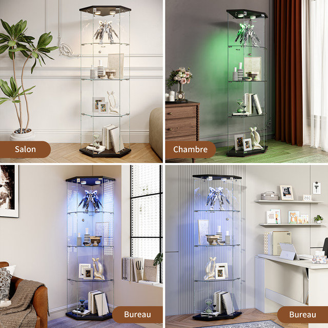 4-Tiers Glass Display Cabinet with LED Lighting, Black, Tap‑Lamp