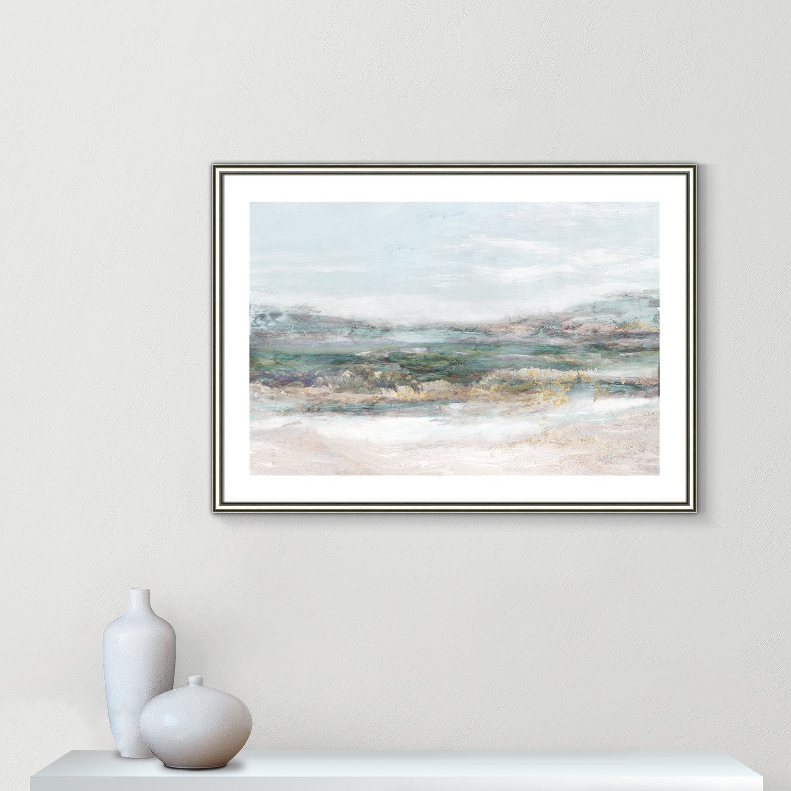 Dazzling by Matina Theodosiou - Painting Print on Canvas, White, Silver Framed Paper, 25.5" H x 35.5" W x 0.875" D