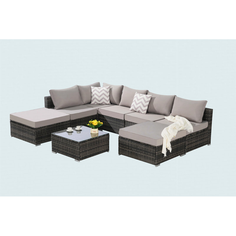 Canapé modulaire d'extérieur pour patio 8 pièces, ensembles de conversation en osier avec coussins lavables et table basse en verre