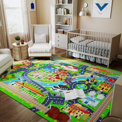 Tapis 4 x 5 pi pour enfants, motif de ville pour enfants, tapis antidérapant en faux cachemire, convient au salon, à la chambre à coucher, à la chambre d'enfant, à la maison