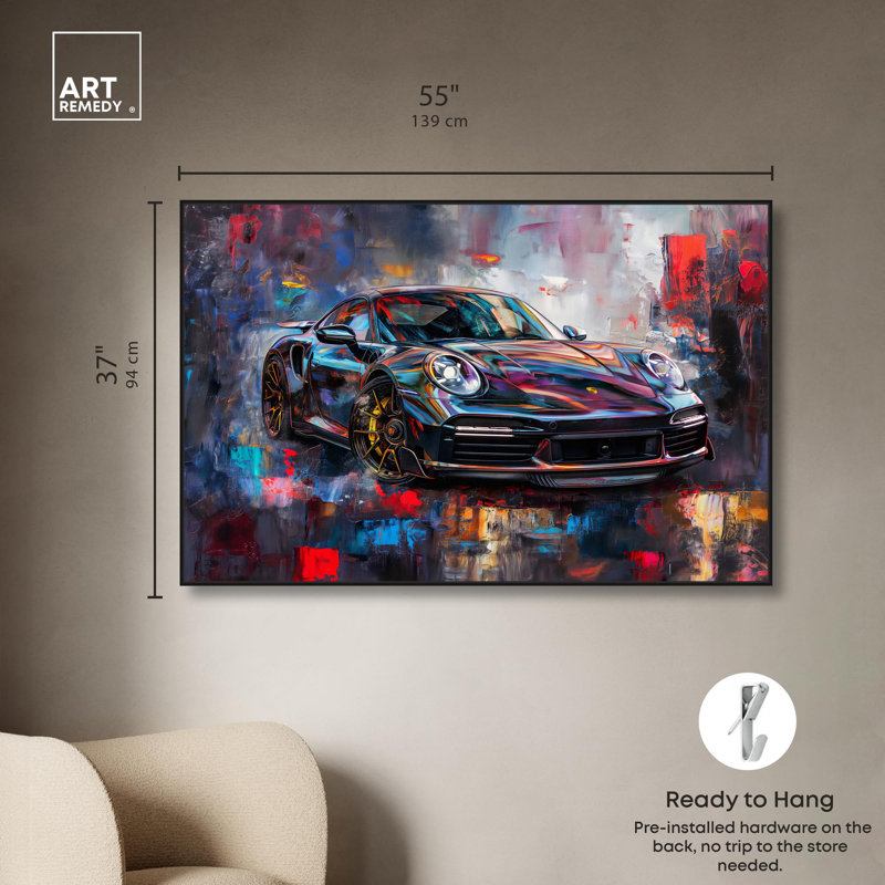 Turbocharged Porsche I Canvas Lux Car Paintings by Art Remedy, 37" H x 55" W x 1.8" D, Black Floater Framed