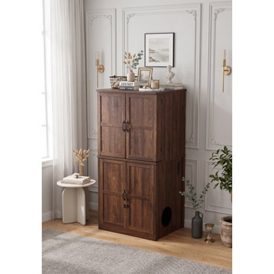 Extra Large Tall Cat Litter Box Cabinet for Automatic Litter Box, Built-in Storage, Power Outlet, Adjustable Shelf, Dog Proof, Walnut