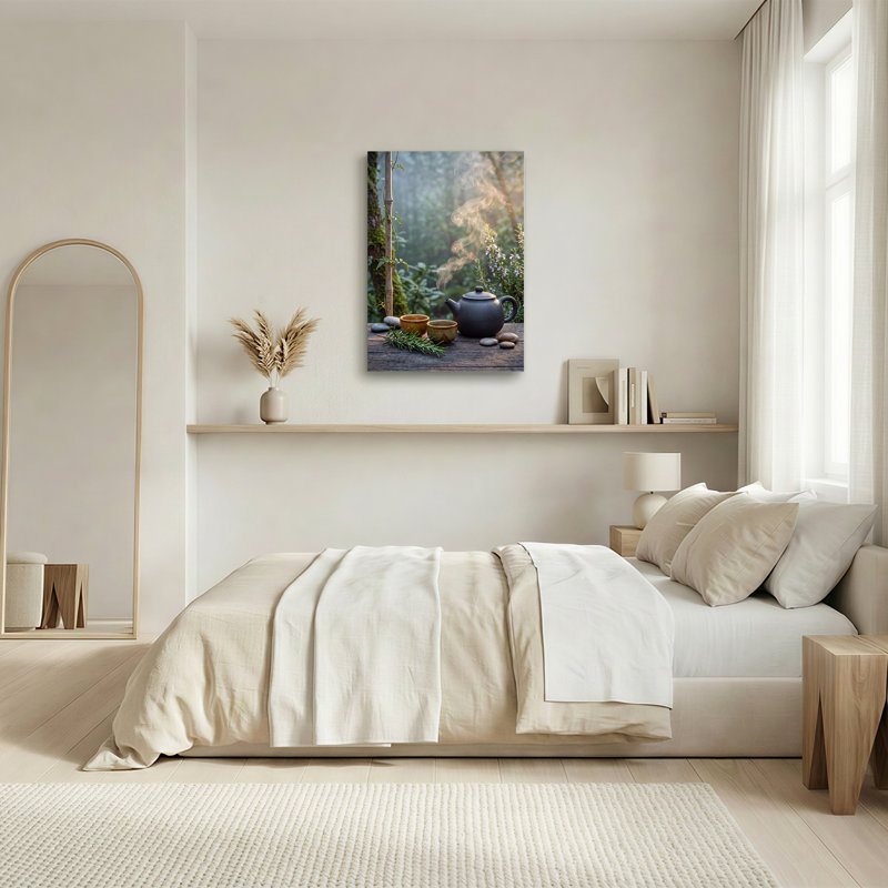Théière noire et tasses avec romarin sur toile de table en bois, art mural, H 48 po x l 32 po