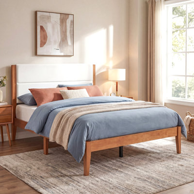 Mid-Century Modern Platform Bed Frame with Upholstered Headboard, Solid Wood Slat Support, No Box Spring Needed, Easy Assembly, Queen Size