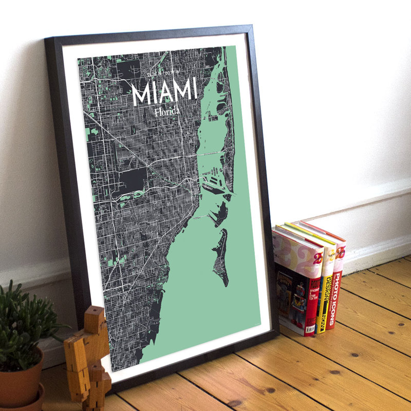 « miami city map », reproduction d’impression sur affiche en rêve, H 17 po x l 11 po x P 0,05 po