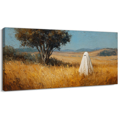 Art mural fantôme sur toile d'Halloween, paysage rétro, fantôme mignon pour la maison, prêt à accrocher pour le salon, la chambre à coucher, l'entrée, la salle de bain, la toile tendue avec cadre en pin, 24 po x 12 po