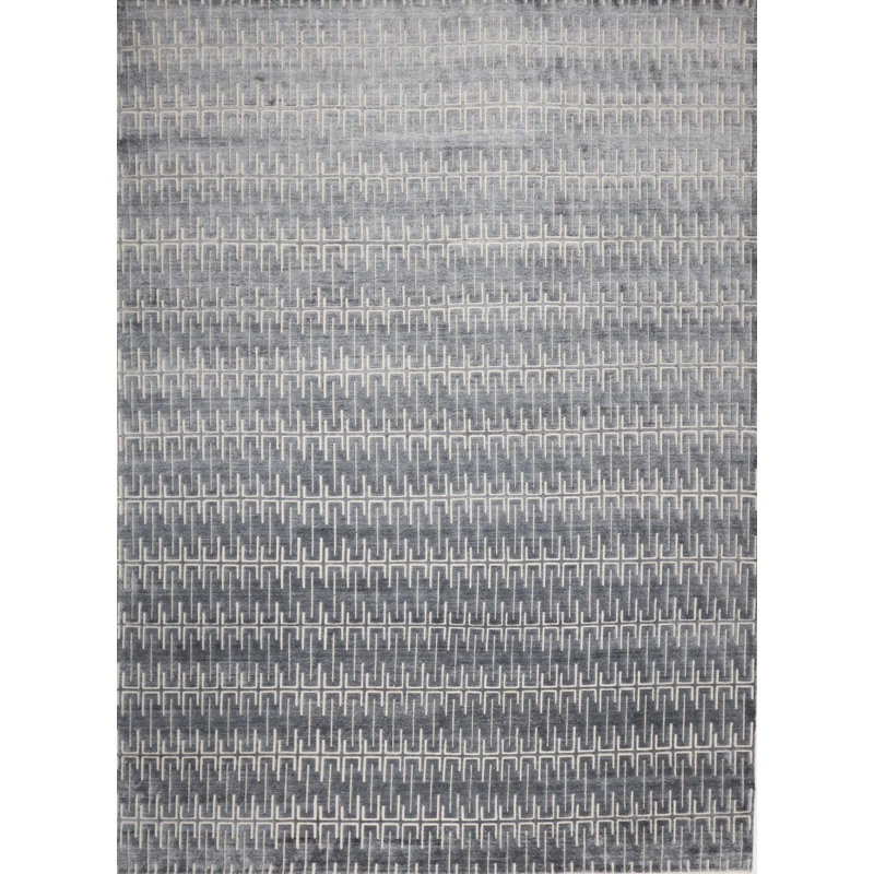 Geometric Hand-Knotted Dark Gray/White Area Rug, Rectangle 12' x 15'