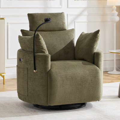 Power Rocker Recliner Chair With Phone Holder USB Charging Port And Side Pockets, 210° Swivel Nursery Reclining Chair With Adjustable Backrest And Footrest