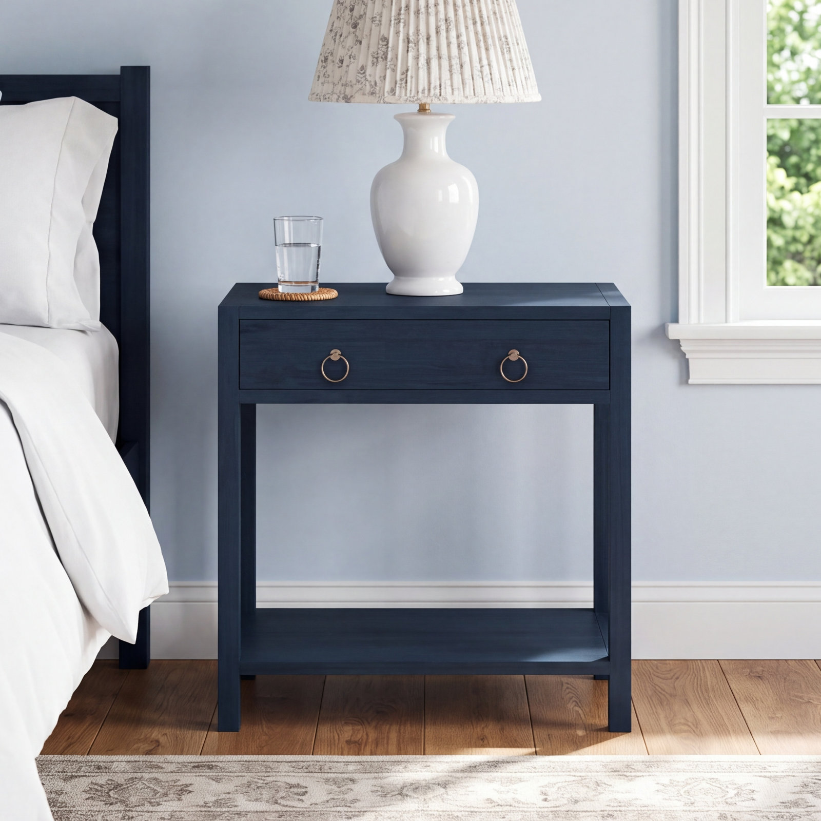 Elin 1-Drawer Pine Nightstand, Navy Blue