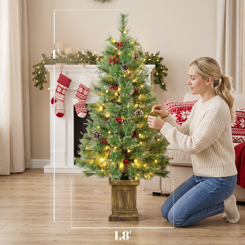 Ensemble de 2 arbres de Noël artificiels pré-éclairés 4 pi, 2 pins de Noël, deux couleurs, télécommande, vert