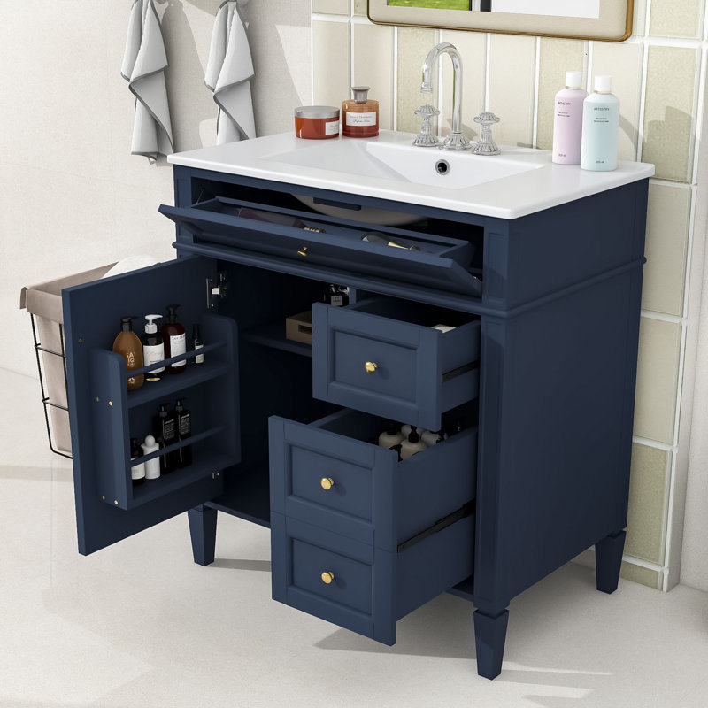 Armoire de salle de bain simple autoportante moderne avec lavabo et rangement en céramique Emmalouise