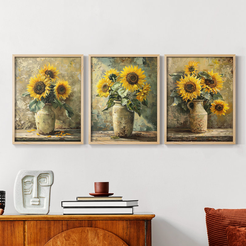 Étude florale CLxxi - ensemble de 3 estampes giclées encadrées - prêt à être accroché, Encadré naturel, H 10 po x l 8 po