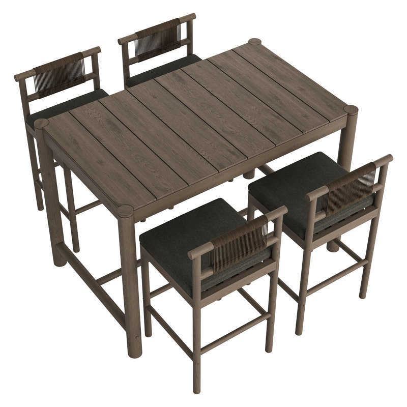 Akeya 5-Piece Outdoor Teak Wood Bar Set In Weathered Gray Flint, Weathered Gray, Flint