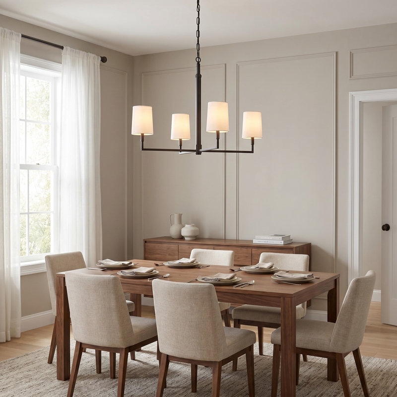 Thomas O'Brien Danica 4 Light Dining Room Chandelier With White Linen Shade, 23.5" H x 36" W x 36" D, Aged Iron