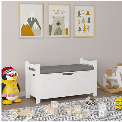 Coffre à jouets pour enfants, coffre à jouets blanc pour garçons, grande armoire de rangement avec banc à coussin / couvercle rabattable / charnière de sécurité, coffre de rangement pour jouets pour chambre de bébé, salle de jeux