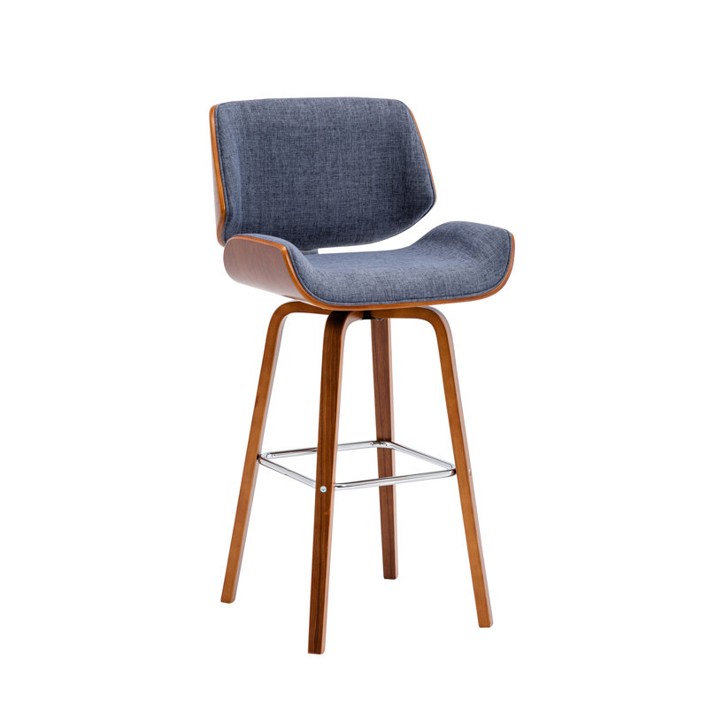 Derringer Swivel Fabric Upholstered Bar Stool with Wooden Legs, Blue