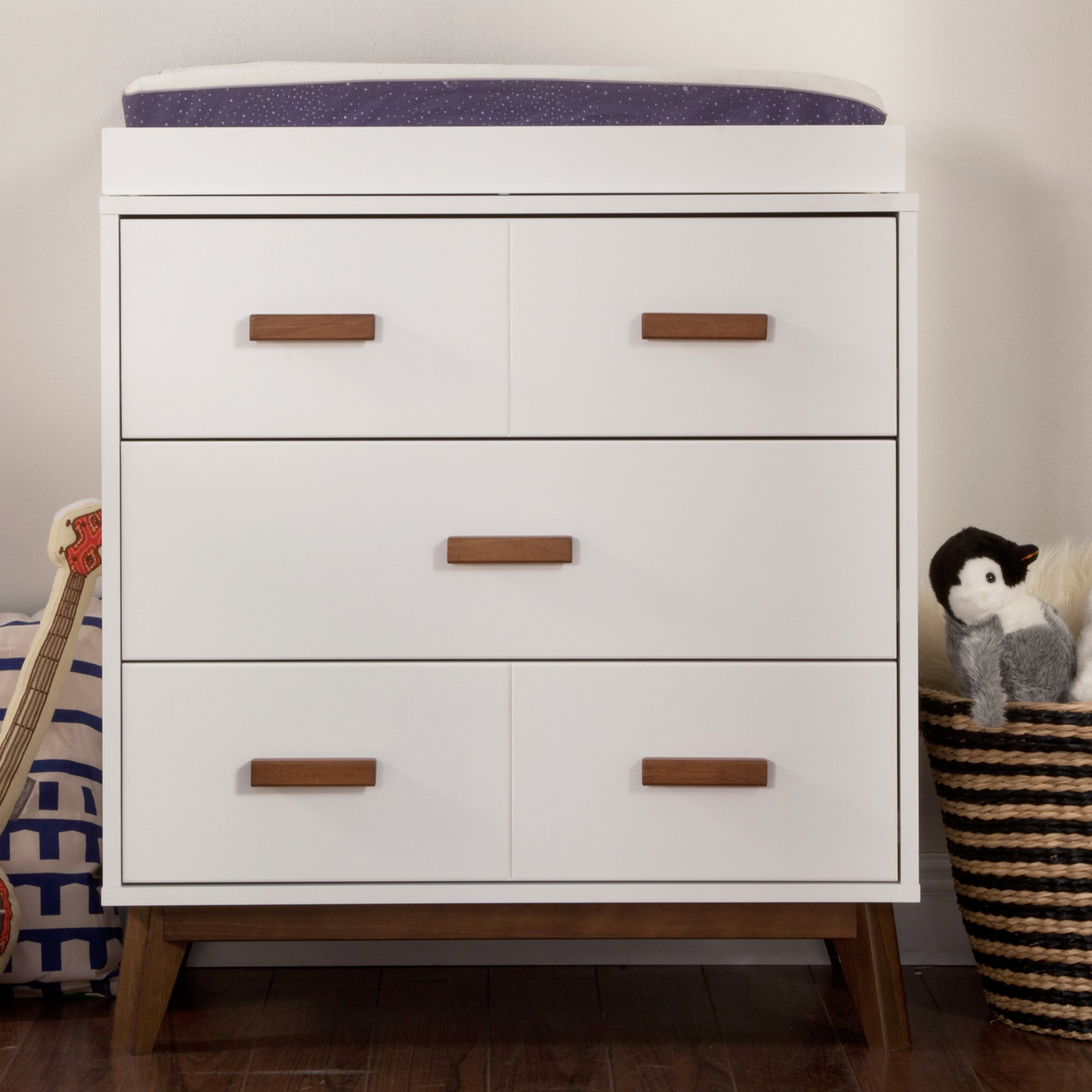 Scoot 3 Drawer Changing Table, White/Walnut
