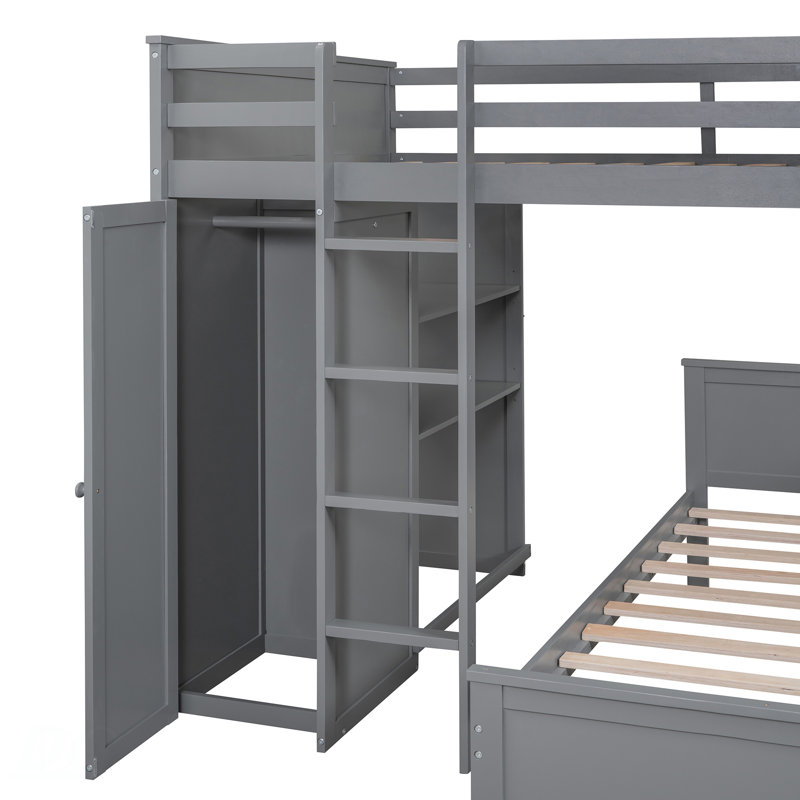 Lit mezzanine double avec lit simple autoportant, tablettes, bureau et garde-robe, Gris, Lit double