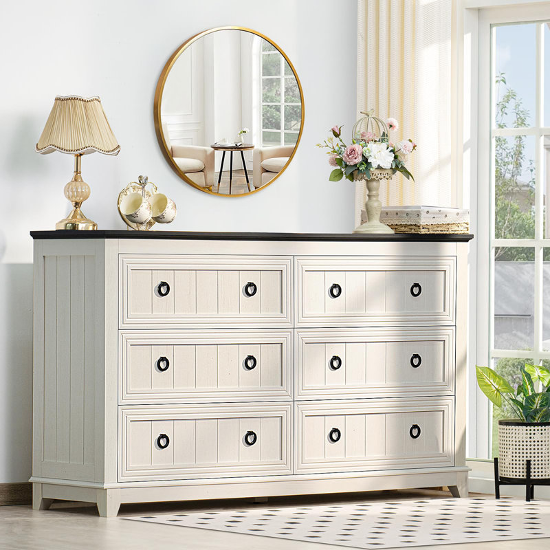 Dragonfly Pottery 54 Inch Wide Wood Dresser Chest of Drawers, White