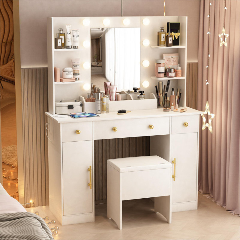 Guram Vanity Set Modern LED Makeup Desk with Mirror, Ten Light Bulbs & Desktop Dazzle Light Adjustable Brightness, 7 Drawers & Stool, Usb Power Outlet