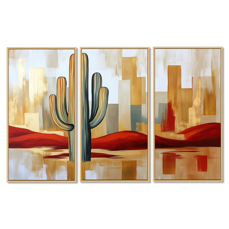 «Desert Halo Saguaro I - Southwestern», impression sur toile à 3 panneaux, H 32 po x l 48 po, Cadre naturel flottant