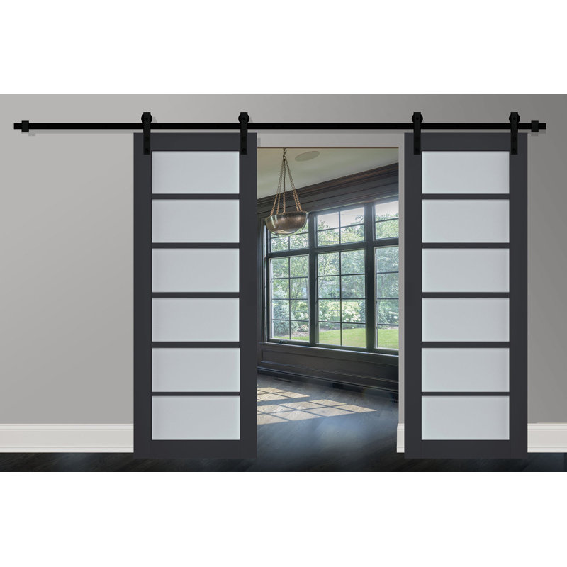 Porte de grange double robuste avec verre dépoli Veregio 7602 Anthracite, supports de rail de 13 pi, portes intérieures à panneaux pleins et lourds - 48 po x 80 po (2 x 24 po x 80 po) - Rail noir