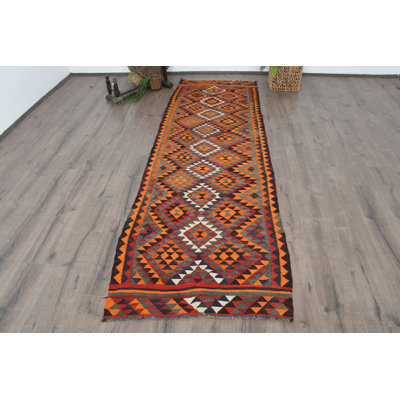 Tapis à motif géométrique en laine orange 35,4 x 111,4 pouces