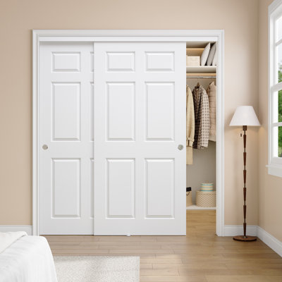 Porte coulissante à 6 panneaux, apprêt blanc, 72 po x 80 po, âme pleine, cadre en bois d'ingénierie et rail de guidage. Aucun assemblage requis. Convient pour garde-robe, garde-manger, salon.
