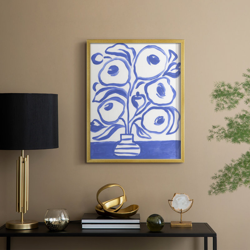 «Blue Brush Flowers II», reproduction encadrée - bois massif, H 11 po x l 9 po, Gold
