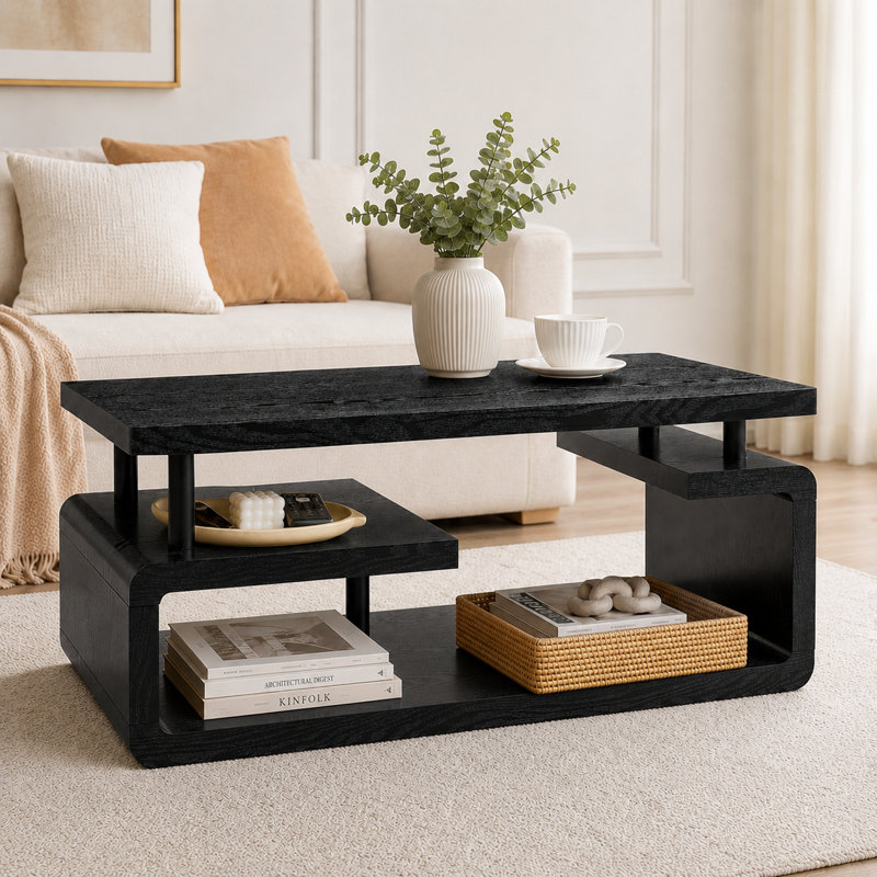Table basse moderne moderne avec rangement à 3 niveaux et finition grain de bois, Black