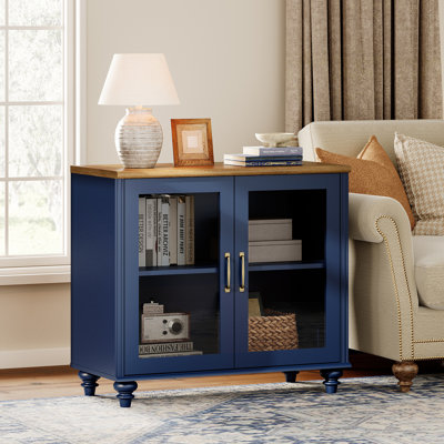 Corretta End Table For Bedroom With 2 Glass Doors, Mid Century Modern Wooden Closet Storage Organizer, Navy Blue