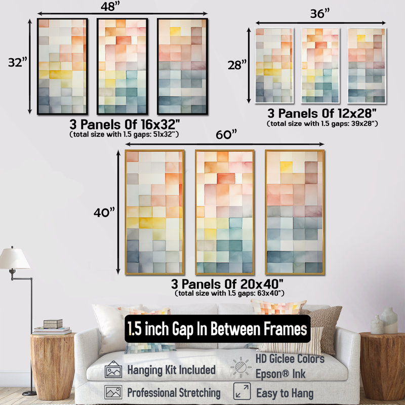 Motif de cubes multicolores II - art mural géométrique, Cadre flottant noir, H 28 po x l 36 po x P 1 po