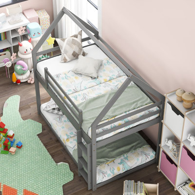 Lit simple superposé simple au-dessus d'un lit simple avec toit et échelle, cadre de lit en bois pour enfants avec garde-corps de sécurité, pin et panneau de fibres à densité moyenne