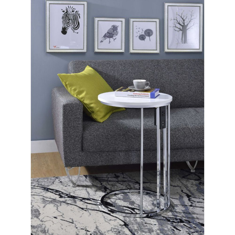 Hemmer Contemporary 16"Dia Round End Table with USB Charging Dock in Cream and Chrome