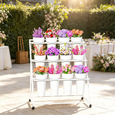 3-Tier Metal Flower Display Stand with 12 Buckets and Wheels, White Flower Cart for Weddings, Parties, and Indoor Outdoor Garden Use, 35.43"L x 23.62"W x 41.34"H