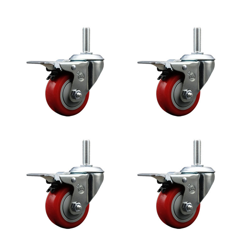 Poly Swivel 3/4 Inch Threaded Stem Caster Set with Total Lock Brake