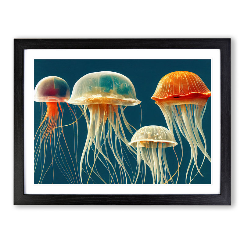 Family Of Jellyfish - Single Picture Frame Painting, 25cm H x 34cm W x 2cm D, Black