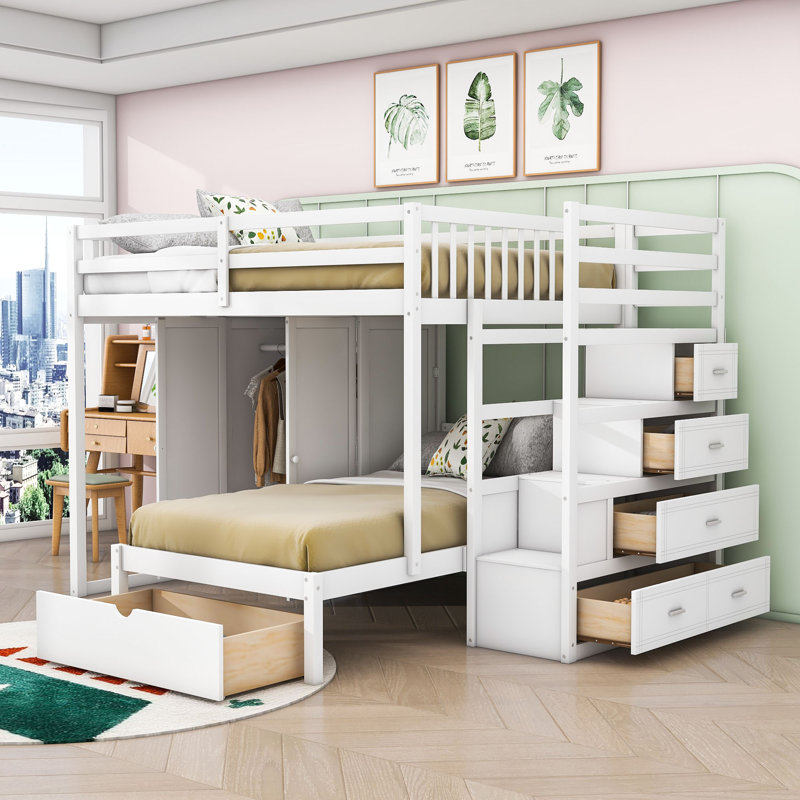  Lit superposé double Kalavati avec tiroirs de rangement et garde-robe, Blanc