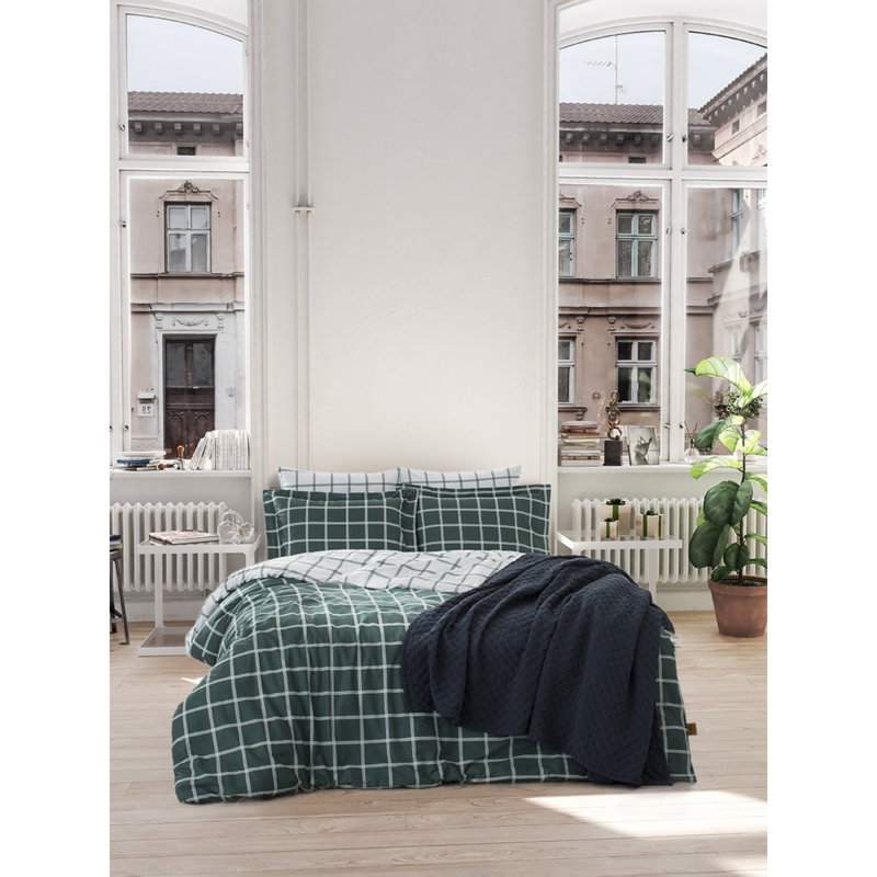 Ensemble de housse de courtepointe 100% coton de qualité supérieure Ranforce, vert et blanc | Housse de couette 61 x 87, taie d'oreiller 31,5 x 31,5 | Impression réactive, lavable à la machine, 145 fils, fermeture à boutons pour couette, enveloppe pour oreiller