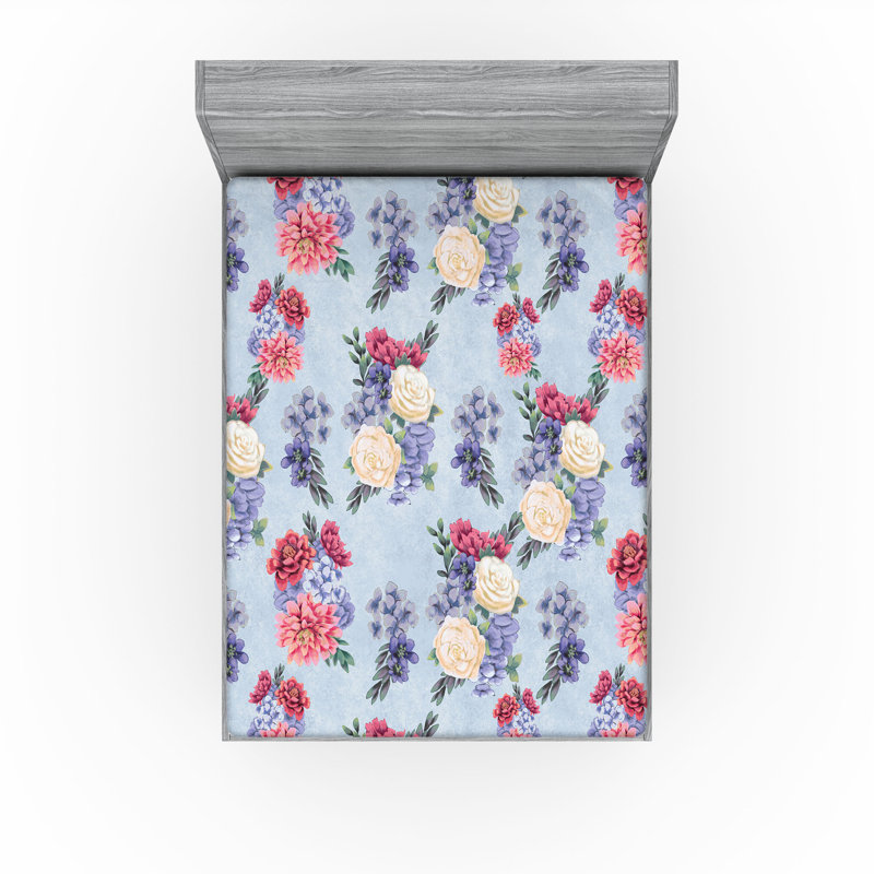 Drap-housse rustique Ambesonne, Drap-housse très grand californien, Bleu ciel foncé, bleu sarcelle pâle / floral