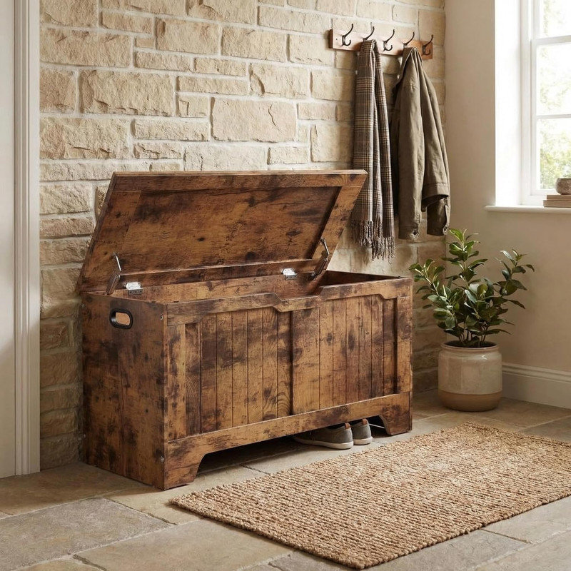 39.4" Farmhouse Storage Bench with 2 Safety Hinges, Wooden Storage Chest for Entryway, Bedroom, Living Room, Brown