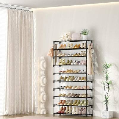 10-Tier Wide Metal Shoe Rack Organizer, Tall Storage Shelf with 2 Hooks, Black