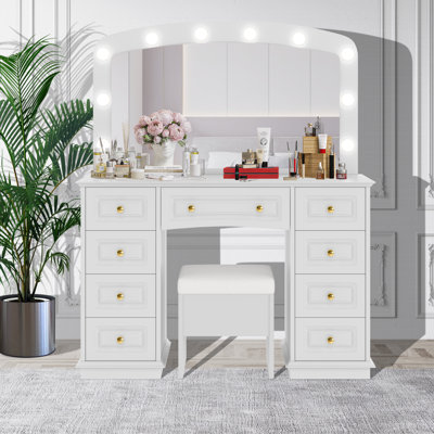 Ensemble de coiffeuse de luxe avec 10 ampoules Hollywood, 3 lumières DEL, tabouret rembourré et 9 tiroirs de rangement classiques pour la chambre à coucher