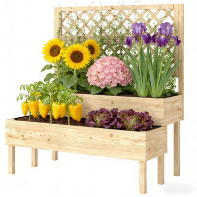 Rustic Wooden Trellis Planters, Spacious Raised Garden Bed For Patio